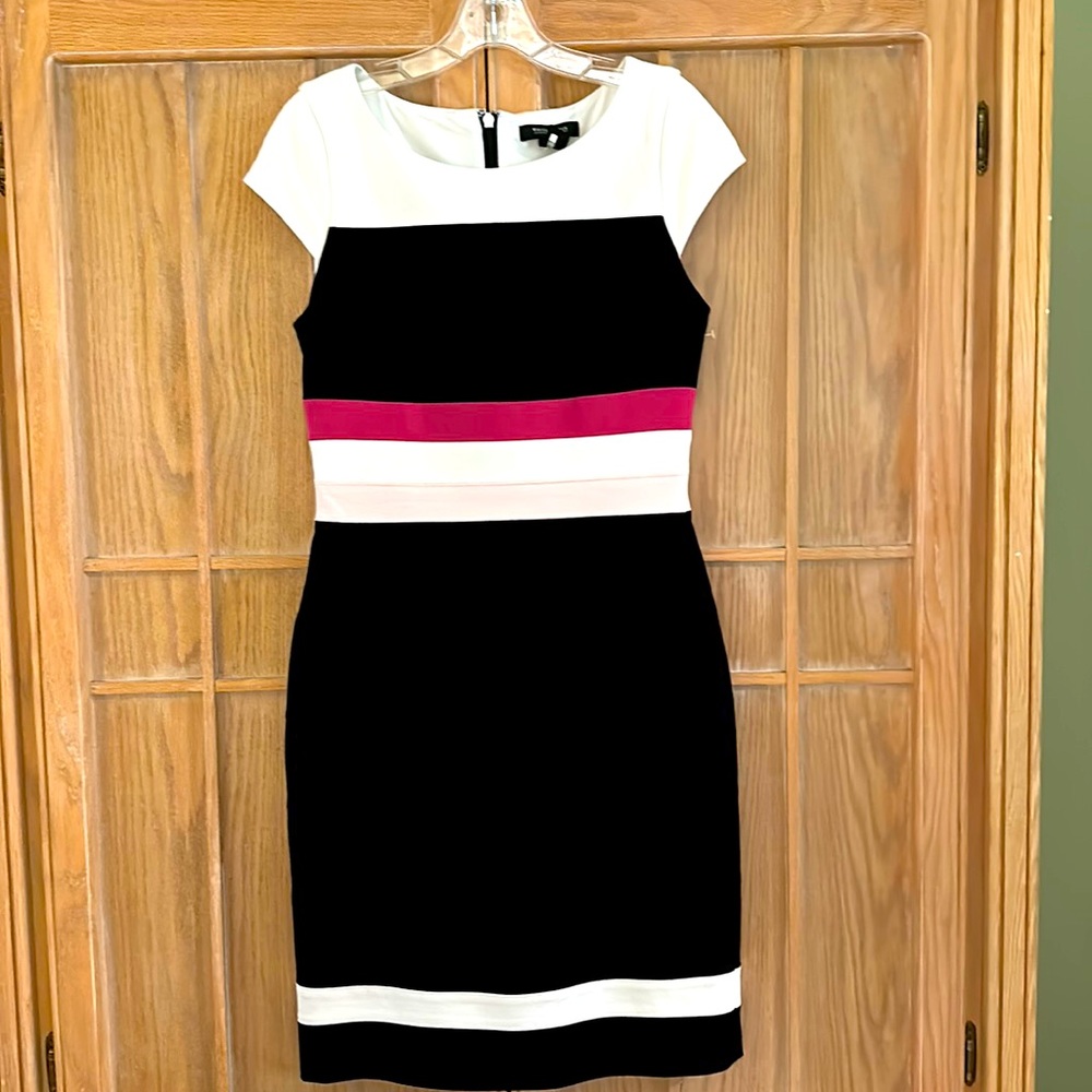 White House Black Market Black, White & Pink Striped Cap-Sleeve Sheath Dress